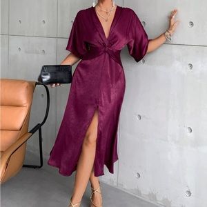 Batwing Sleeve Wine Twist Front Split Thigh Dress